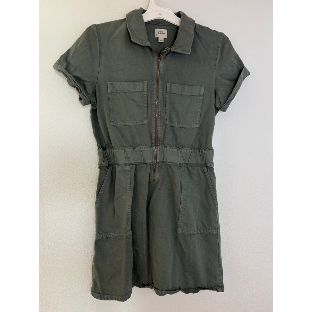 J.Crew Womens Utility Romper Olive Green Short Sleeve Zip Front Size 8